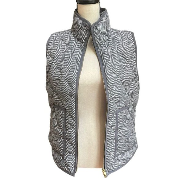 J Crew Vest Quilted Puffer Gray White Herringbone Jacket Full Zipper Size M - Picture 2 of 9